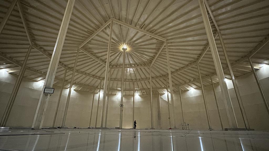 Interior of a storage tank during internal floating roof work
