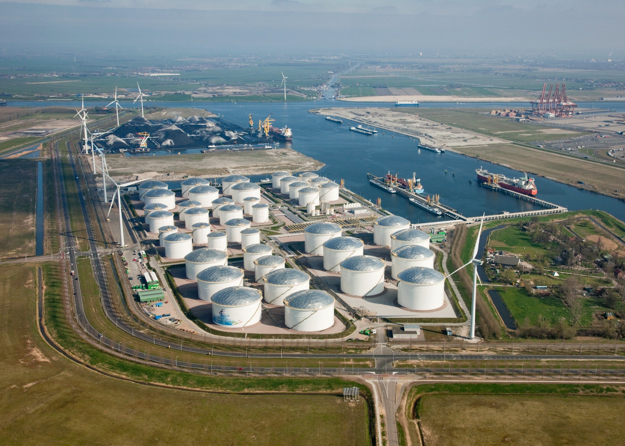 Aerial view of an industrial port and terminal environment